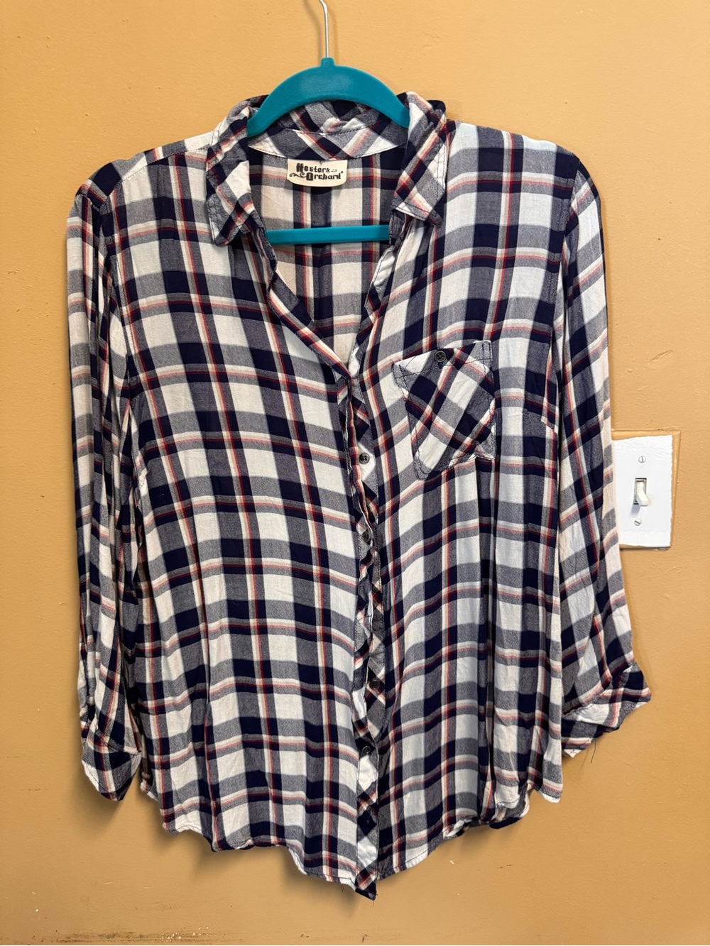Woven Plaid Button-Down Shirt - Black & White with Red Accent - Picture 1 of 3